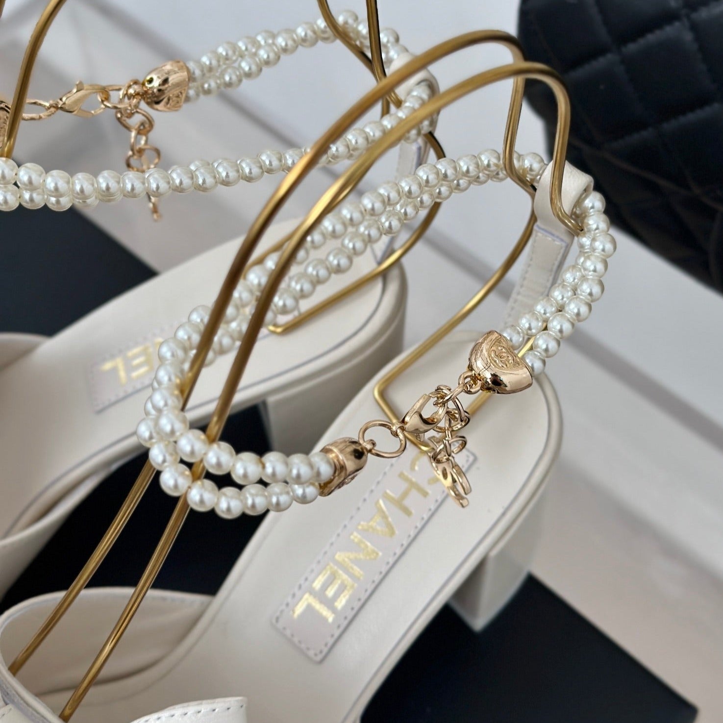 Double C Big Bow Pearl Chain High Sandals White Lambskin