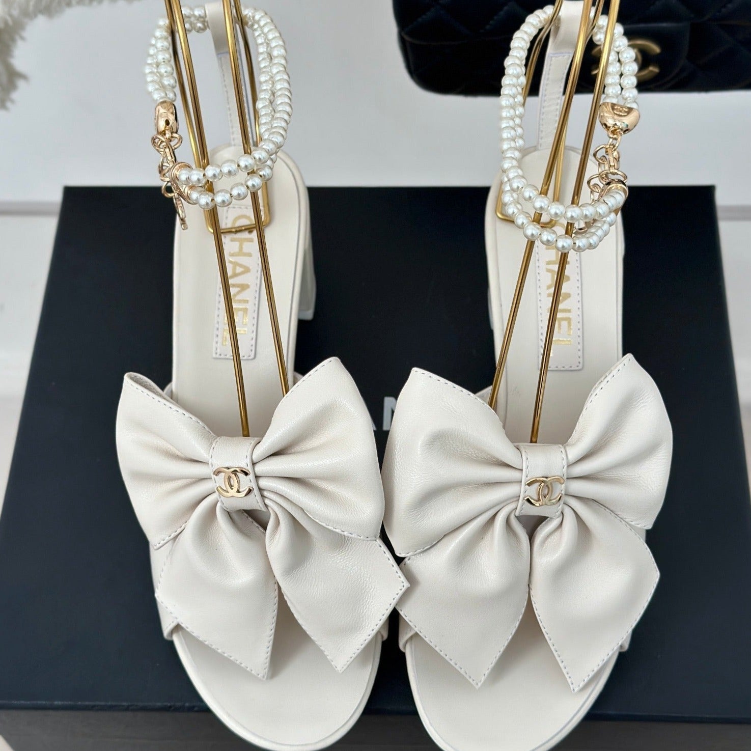 Double C Big Bow Pearl Chain High Sandals White Lambskin