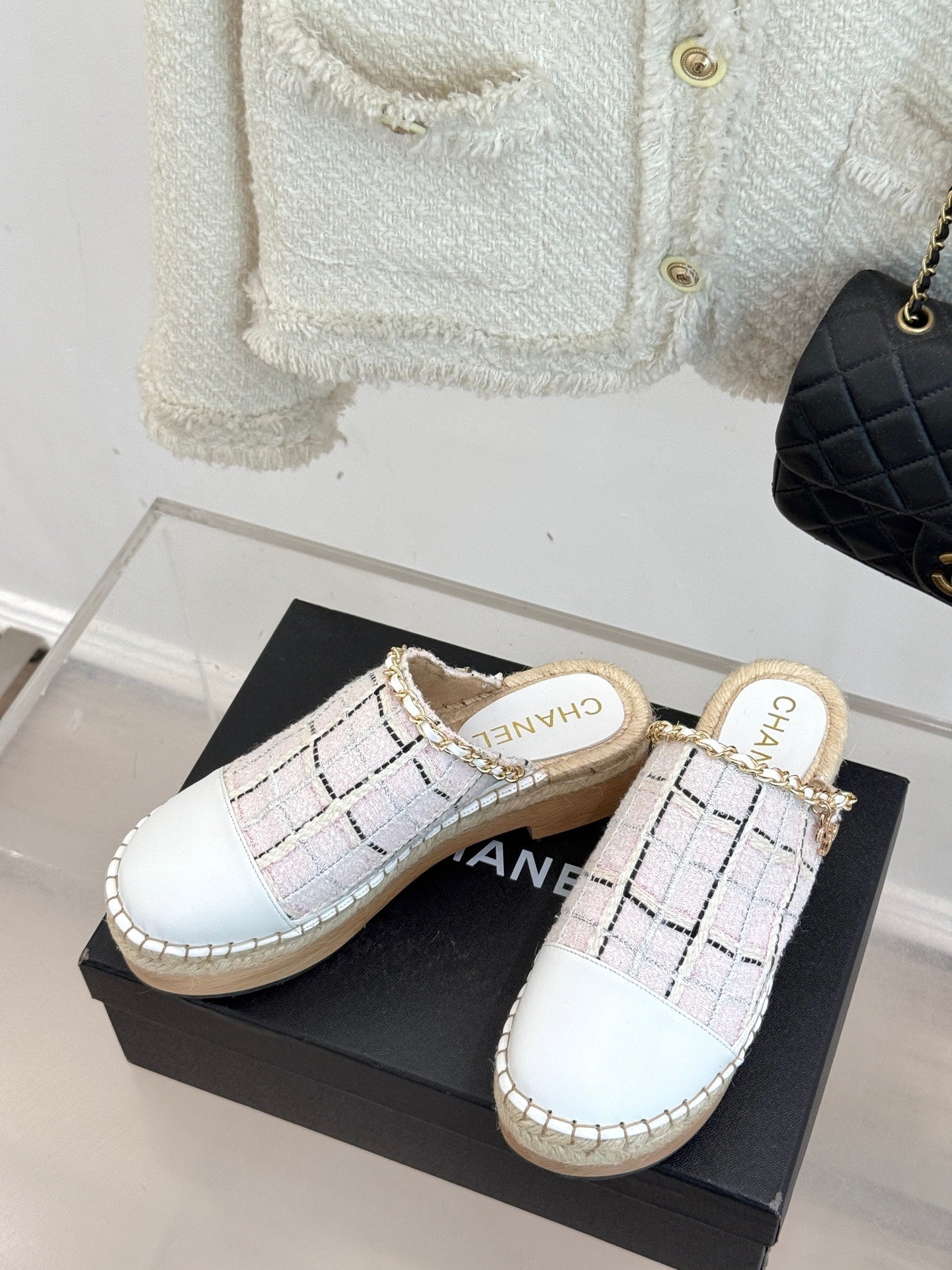 CC MULES 25SS 30 MM IN WHITE LAMBSKIN MIX PASTEL PINK TWEED