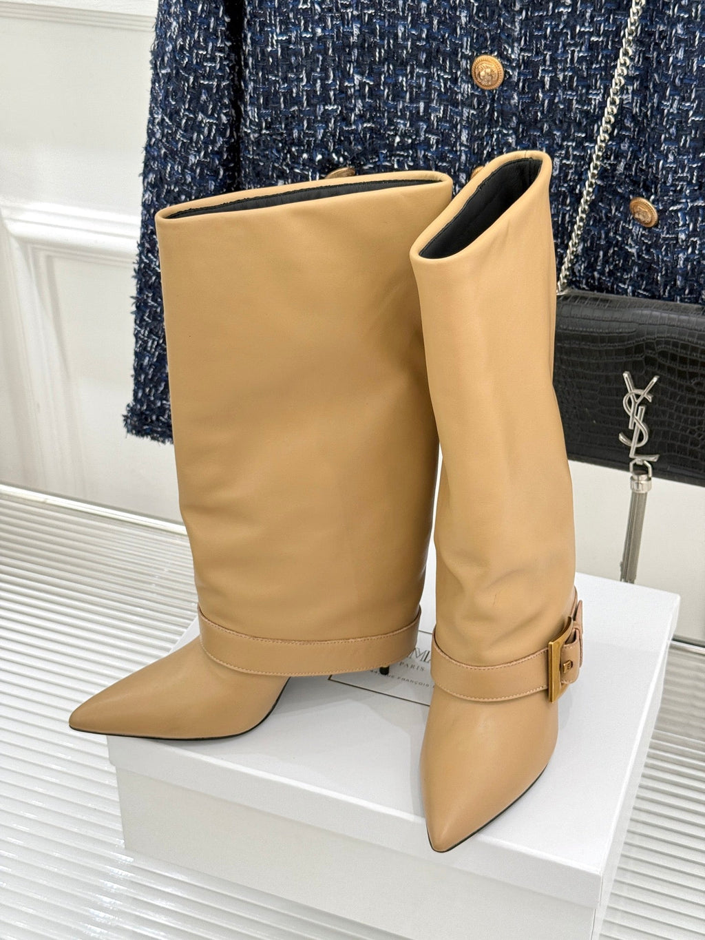 BALMAIN 25S ANTHEM BOOTS IN LIGHT CARAMEL CALFSKIN