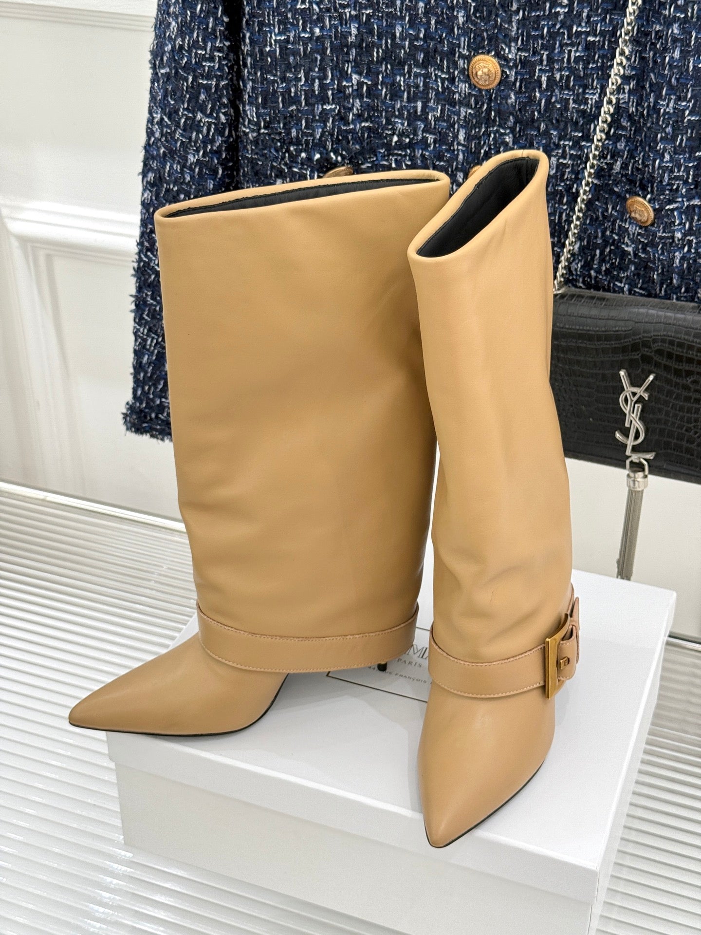 BALMAIN 25S ANTHEM BOOTS IN LIGHT CARAMEL CALFSKIN
