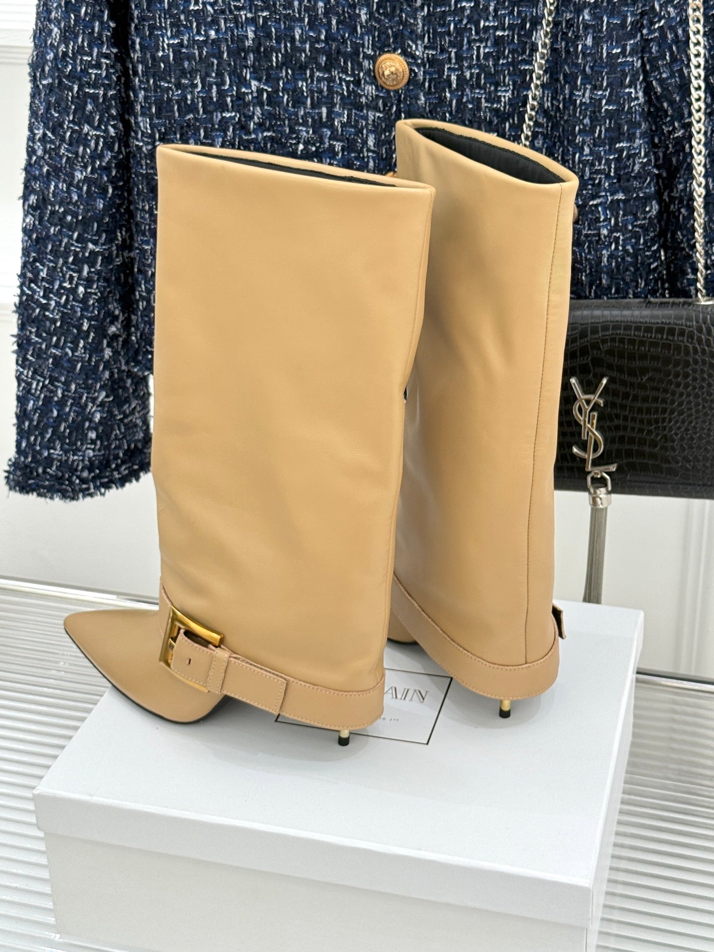 BALMAIN 25S ANTHEM BOOTS IN LIGHT CARAMEL CALFSKIN