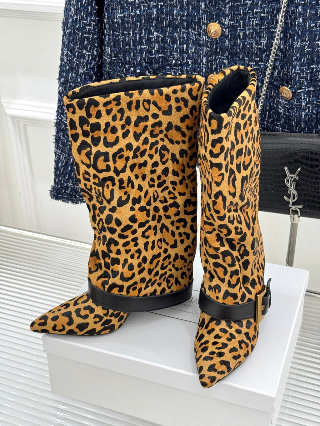 BALMAIN 25S ANTHEM BOOTS IN LEOPARD PRINT CALFSKIN