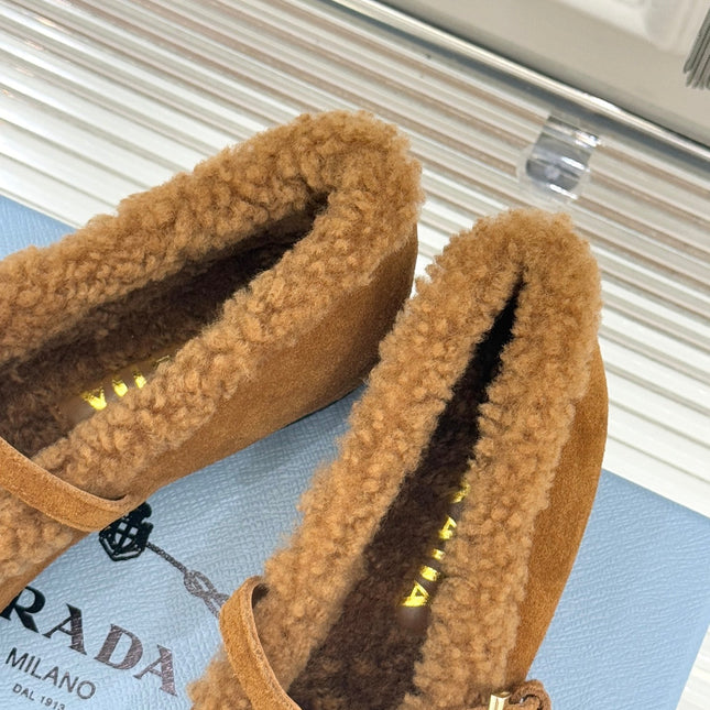 PRADA 25S MARY JANE FLATS IN BROWN SUEDE WITH GOLD HARDWARE