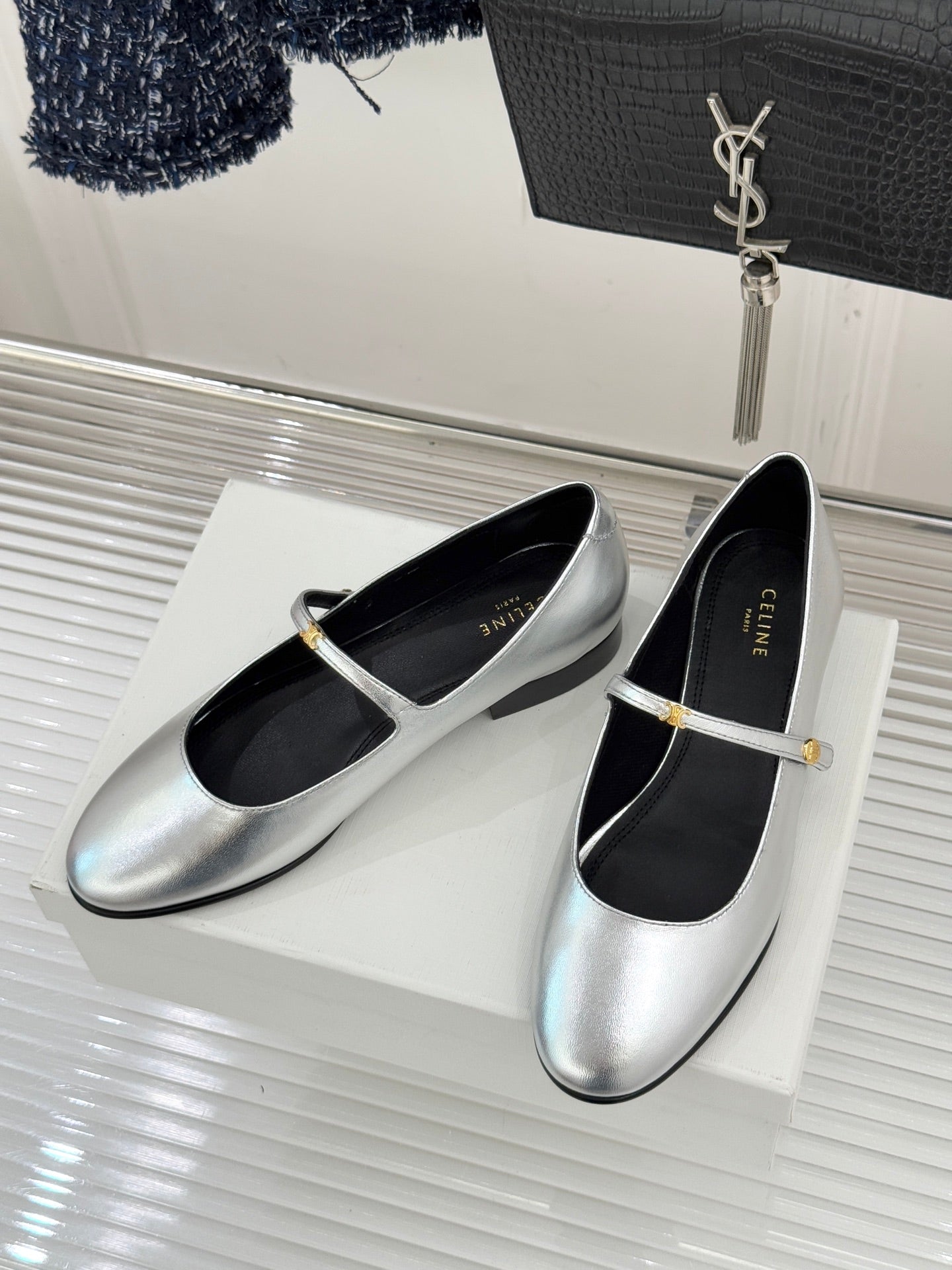 CELINE 26S MARY JANE SHOES IN SILVER LAMBSKIN