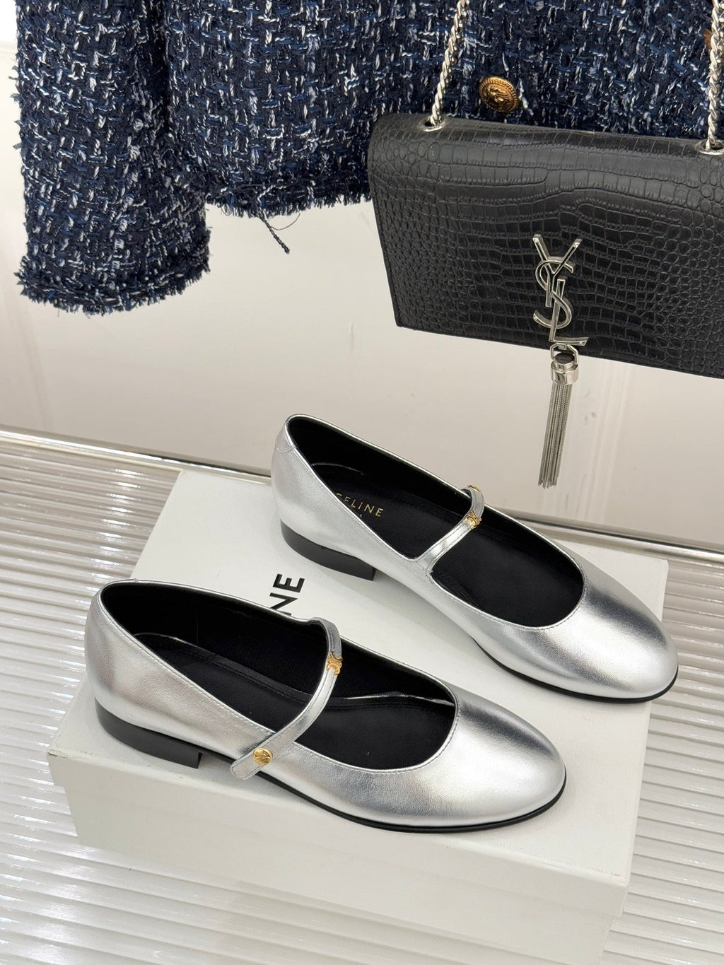CELINE 26S MARY JANE SHOES IN SILVER LAMBSKIN