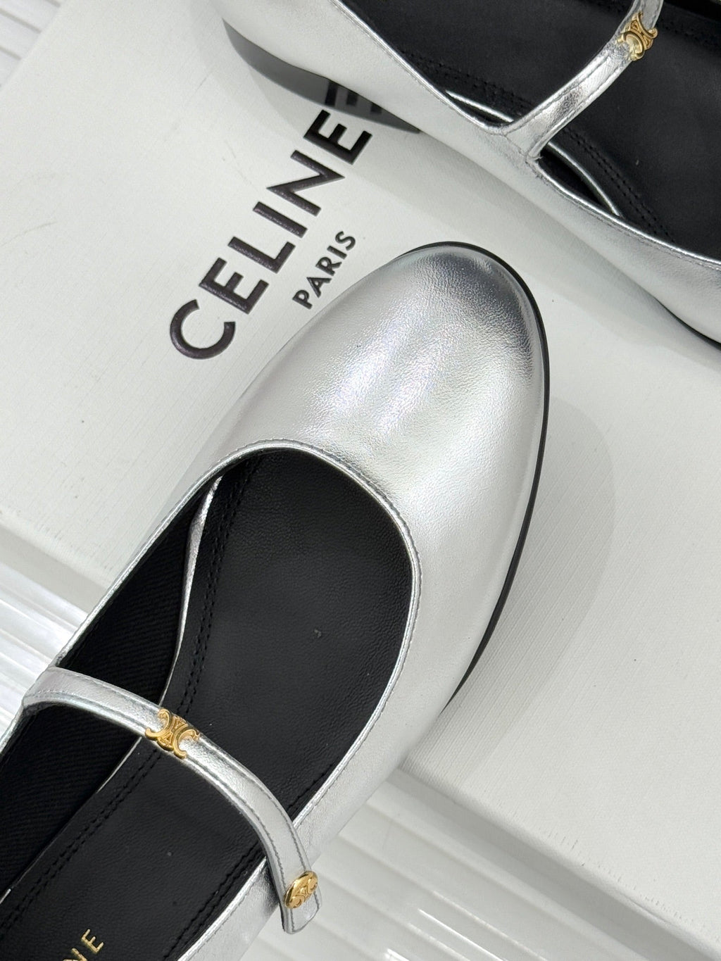 CELINE 26S MARY JANE SHOES IN SILVER LAMBSKIN