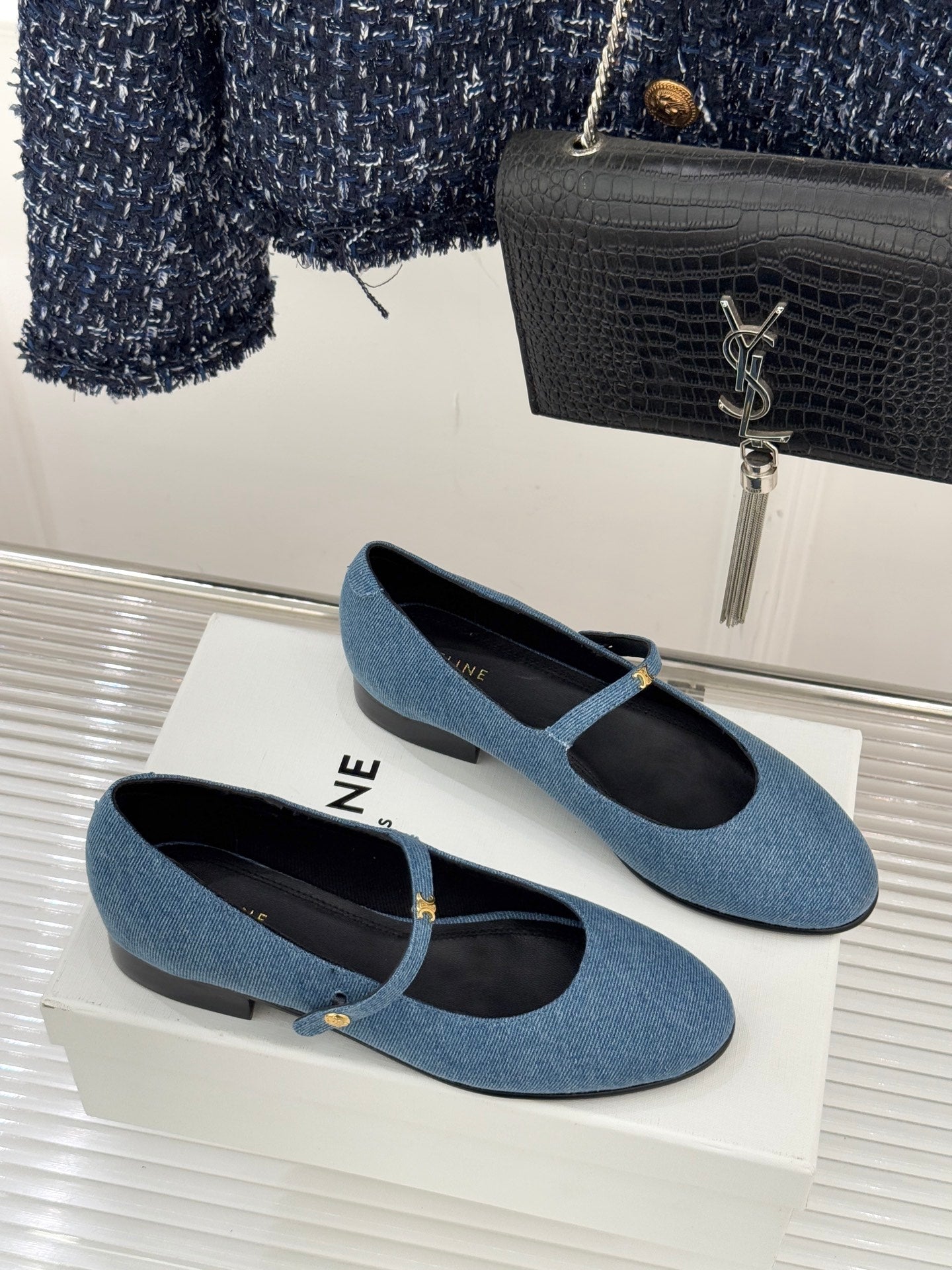CELINE 26S MARY JANE SHOES IN BLUE DENIM