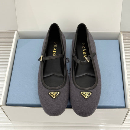 PRADA 26S MARY JANE  FLATS IN CHARCOAL GREY FELTED FABRIC