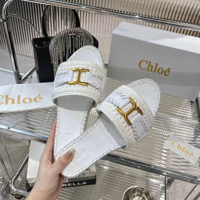 WOVEN SLIPPER IN WHITE WOOL AND LAMBSKIN GOLD HARDWARE