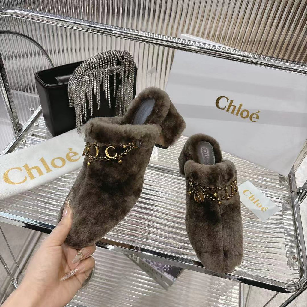 CHLOÉ 26S HIGH-HEELED MULES IN SMOKY BROWN WOOL