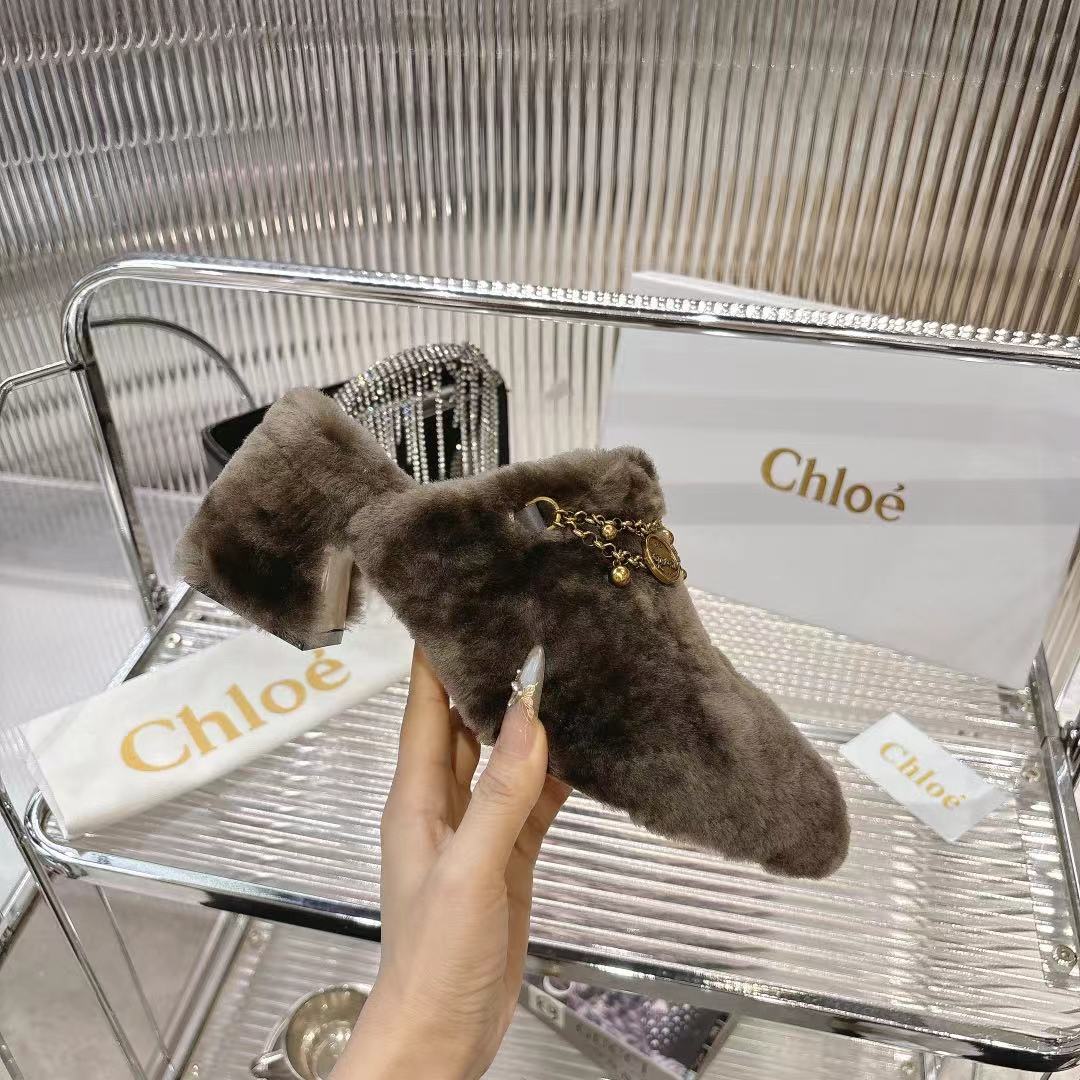 CHLOÉ 26S HIGH-HEELED MULES IN SMOKY BROWN WOOL