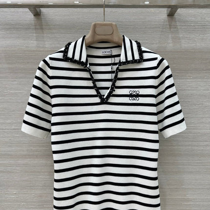 Loewe 25 Striped Knitted Polo Short-sleeved Top White Tencel