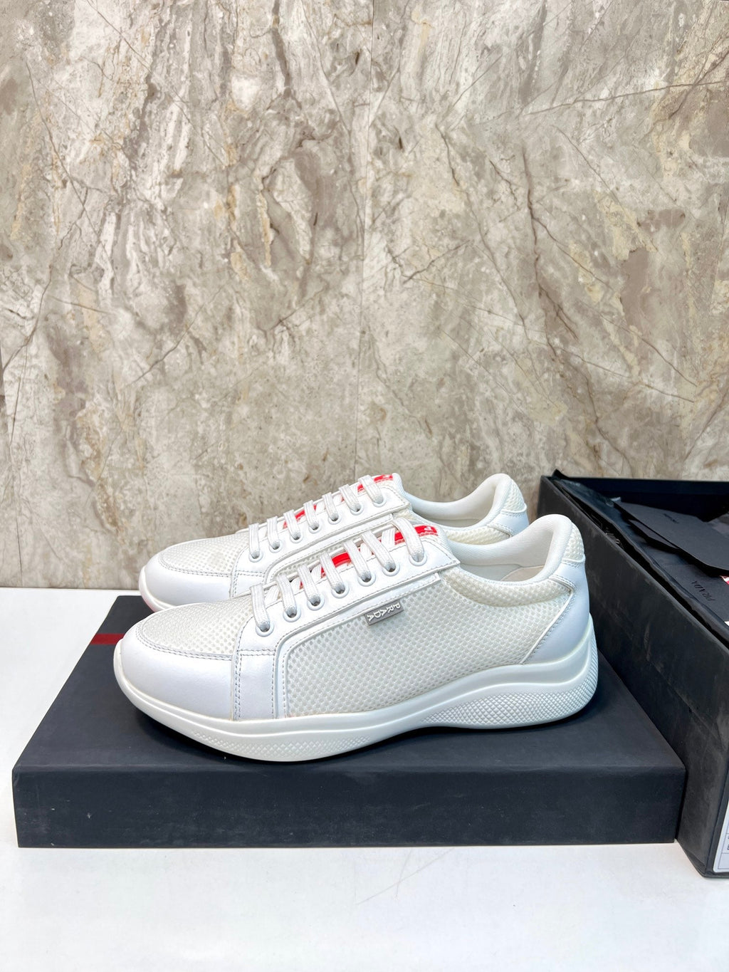 PRA SNEAKER WHITE CALFSKIN AND MESH FABRIC