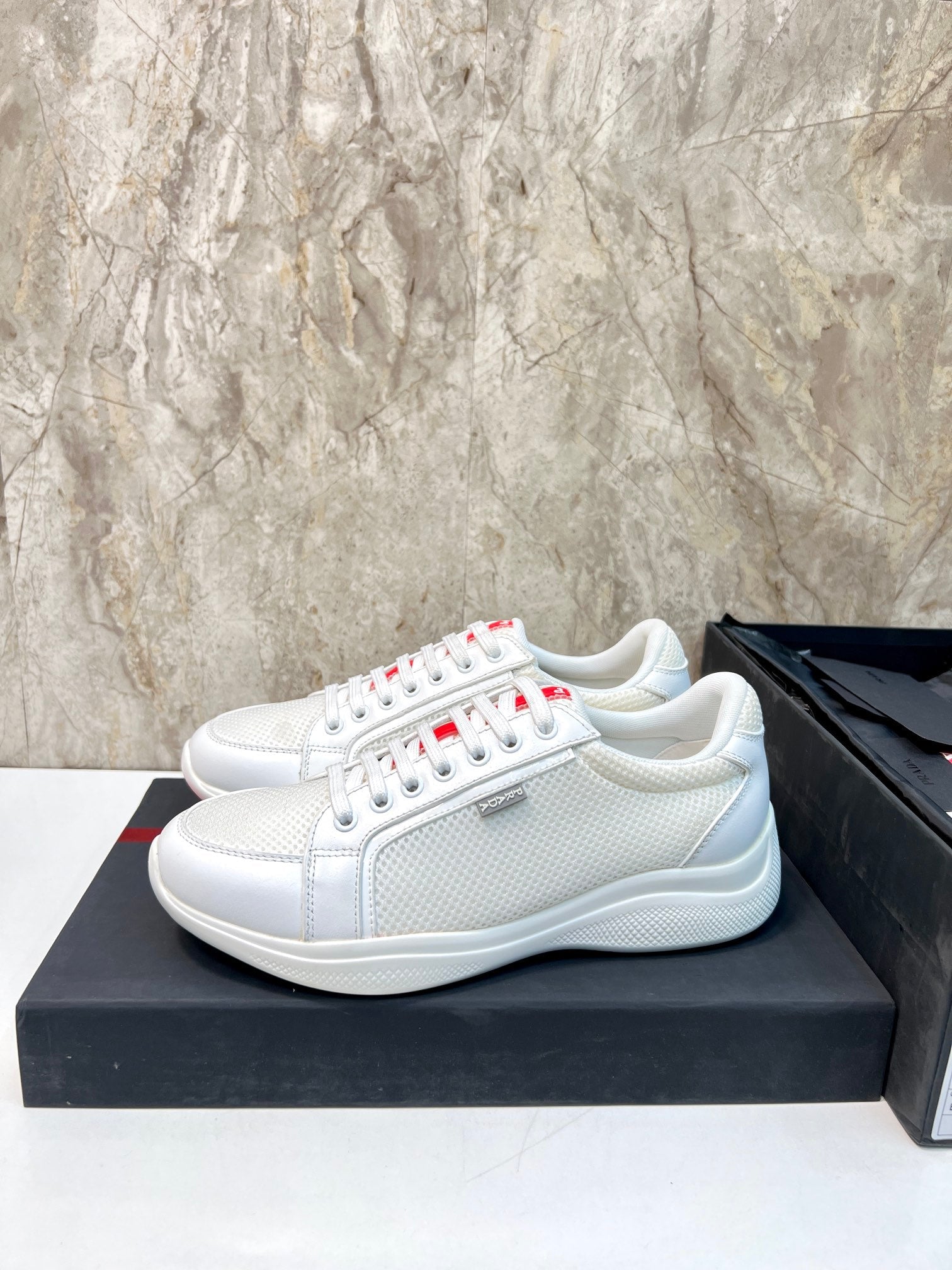 PRA SNEAKER WHITE CALFSKIN AND MESH FABRIC
