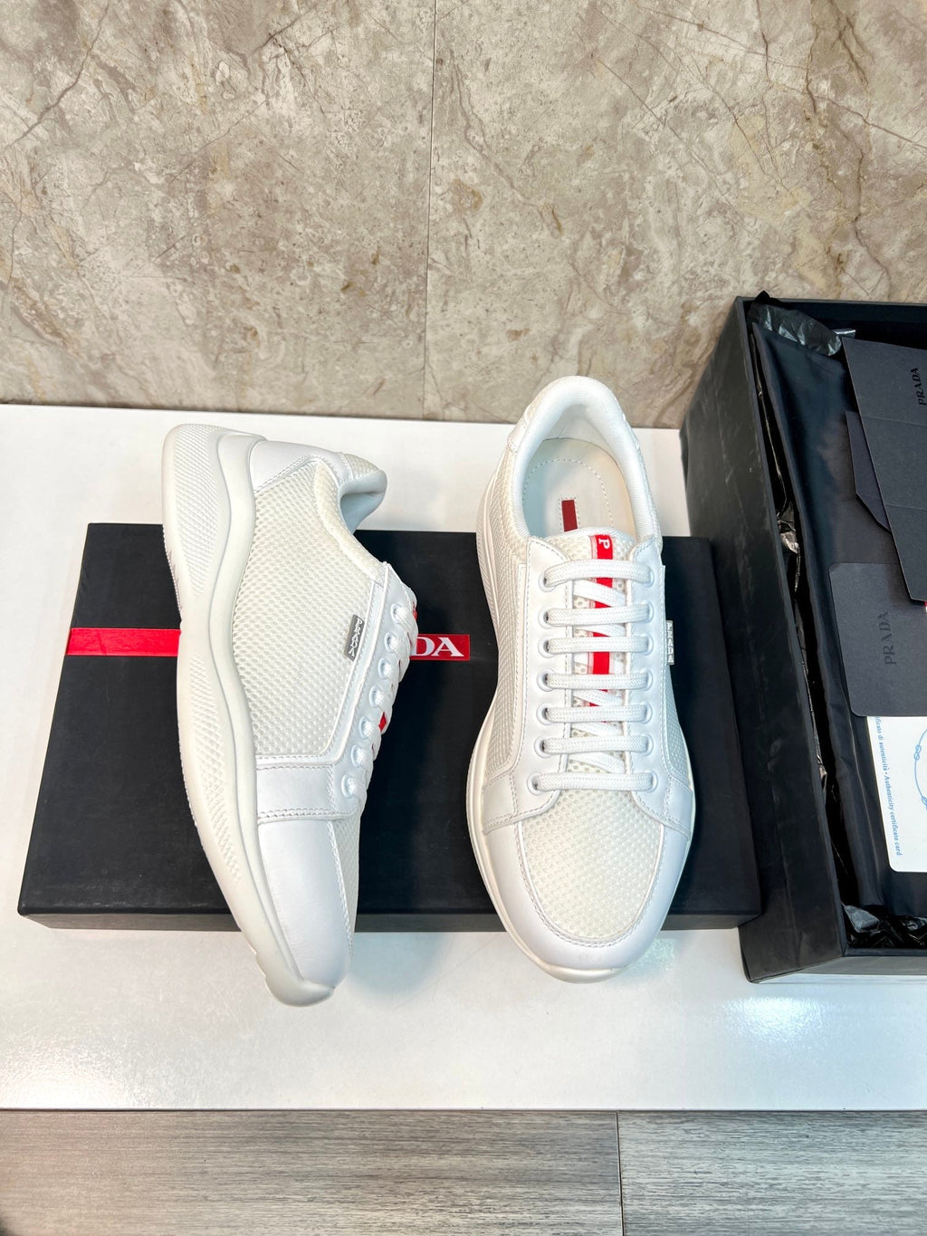 PRA SNEAKER WHITE CALFSKIN AND MESH FABRIC