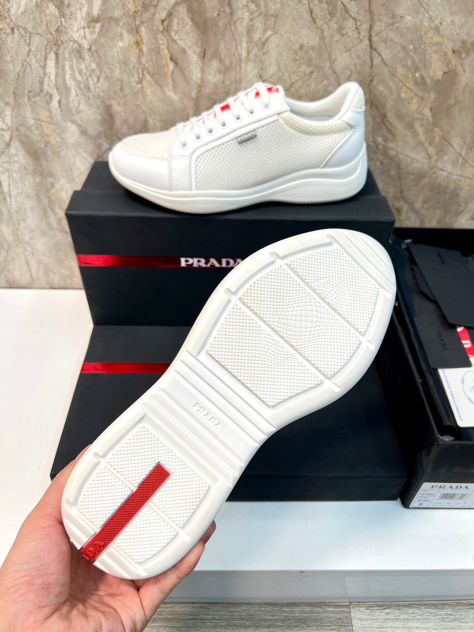 PRA SNEAKER WHITE CALFSKIN AND MESH FABRIC