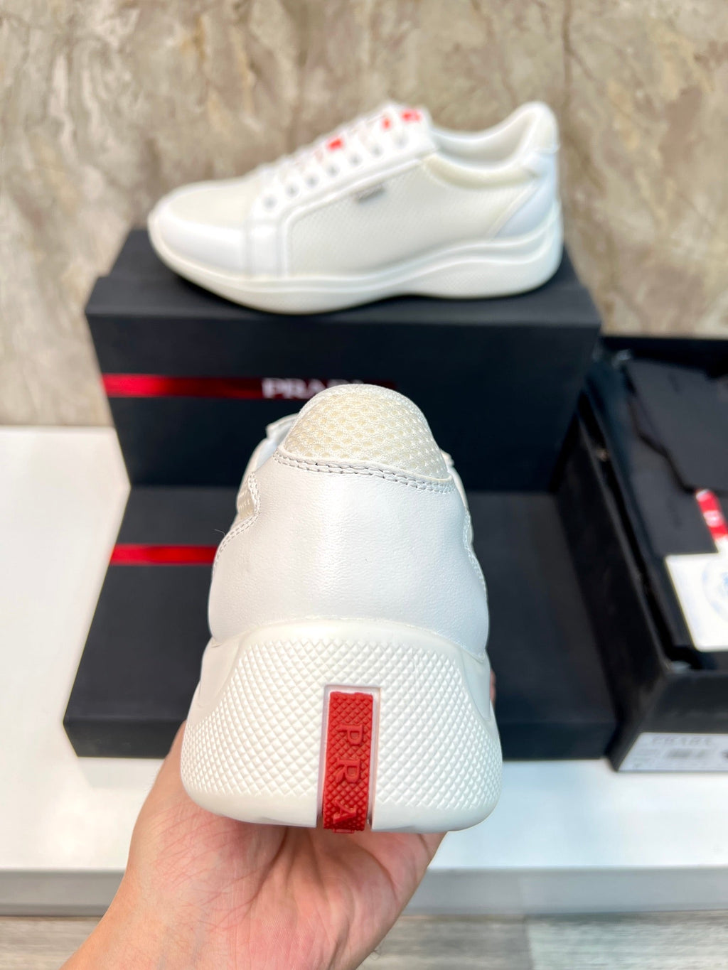 PRA SNEAKER WHITE CALFSKIN AND MESH FABRIC