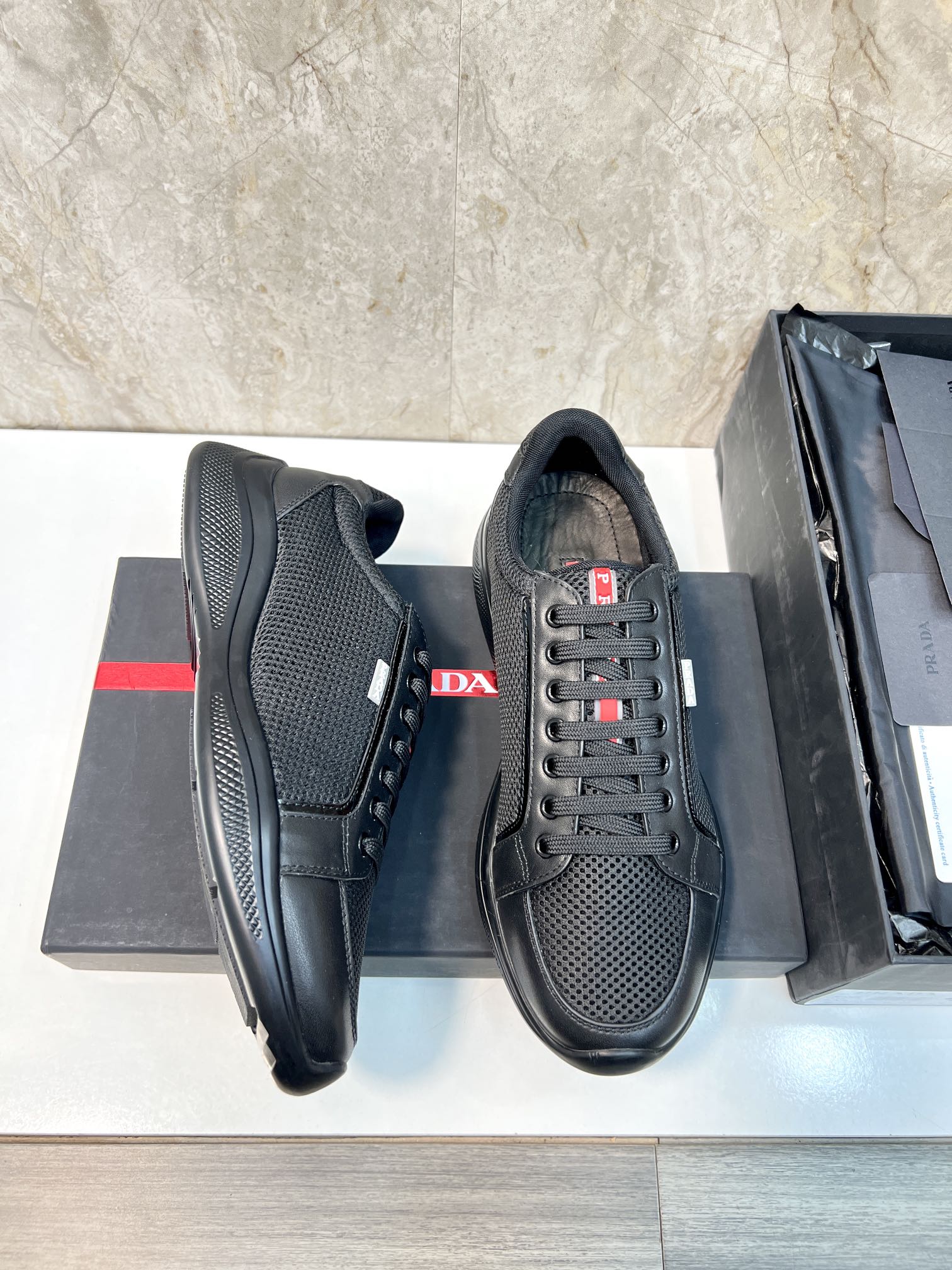 PRA SNEAKER BLACK CALFSKIN AND MESH FABRIC
