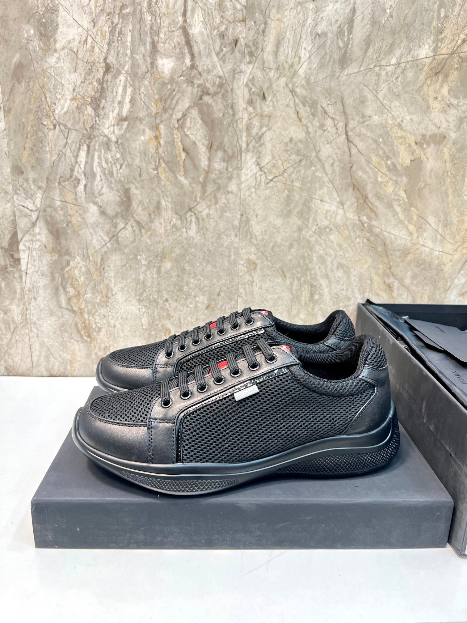 PRA SNEAKER BLACK CALFSKIN AND MESH FABRIC