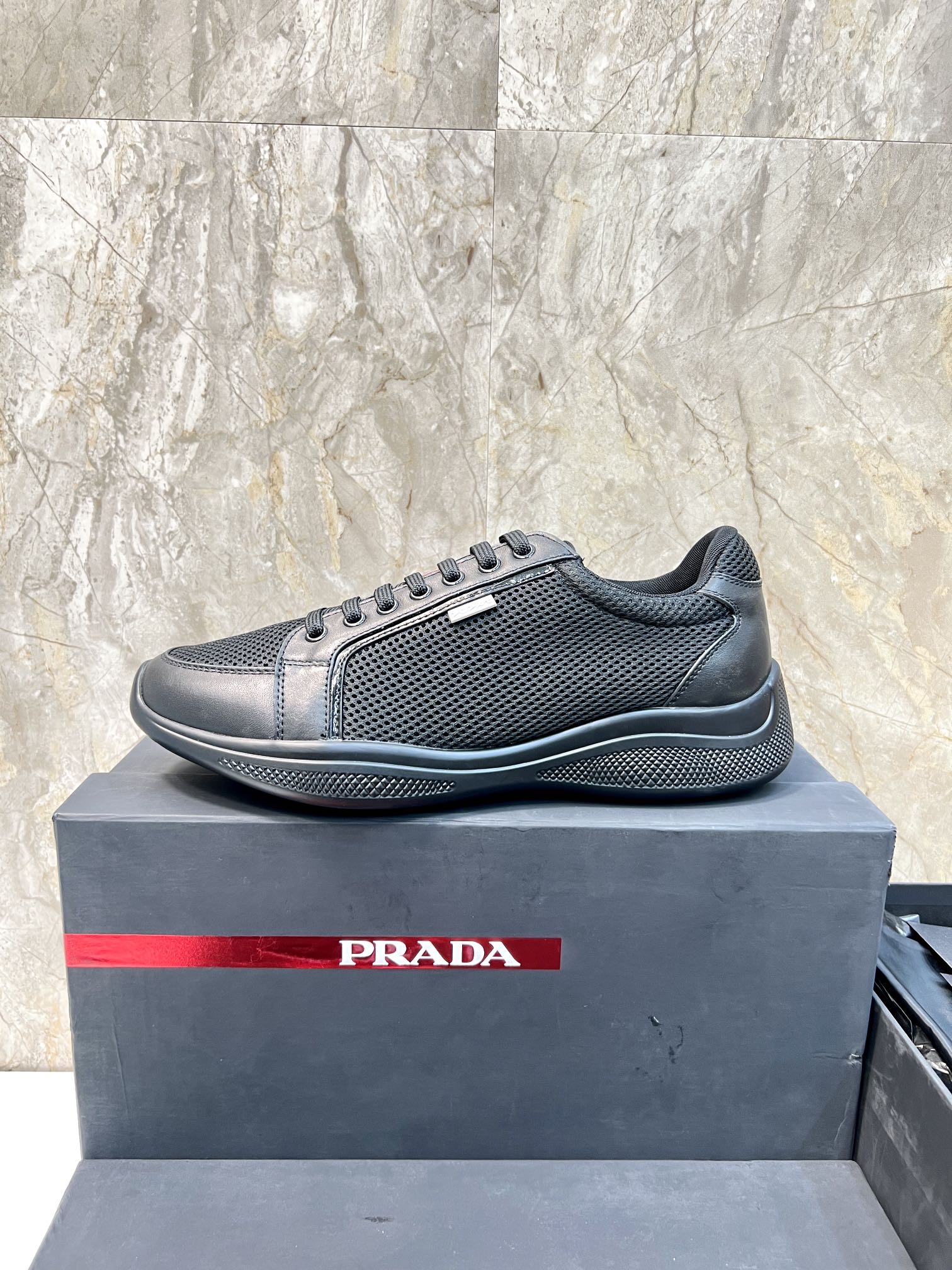 PRA SNEAKER BLACK CALFSKIN AND MESH FABRIC