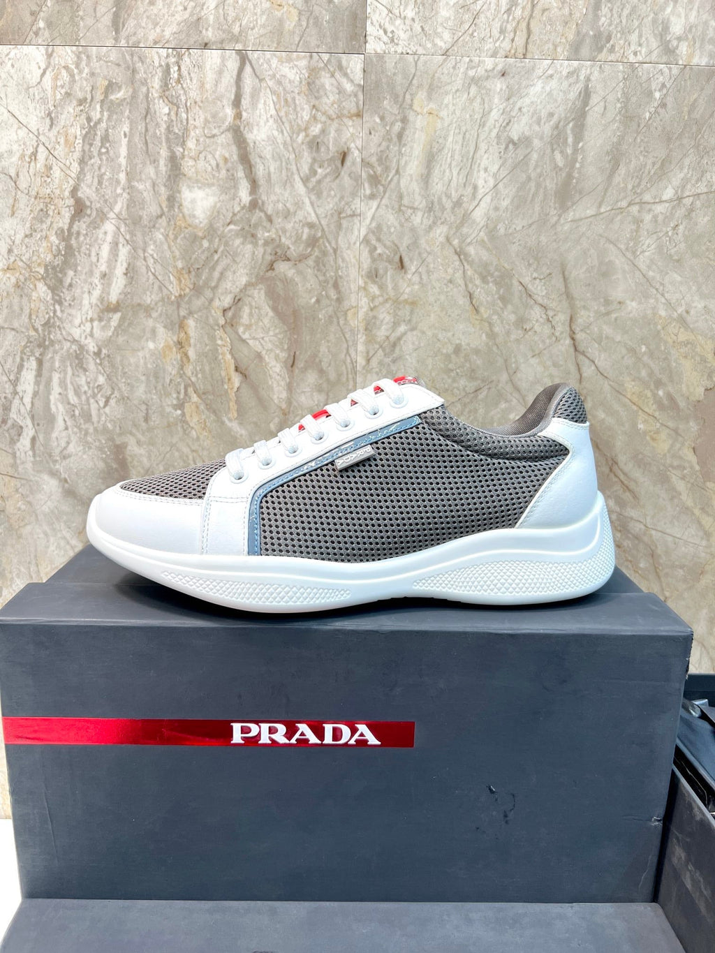 PRA SNEAKER WHITE CALFSKIN AND WOOD BROWN MESH FABRIC