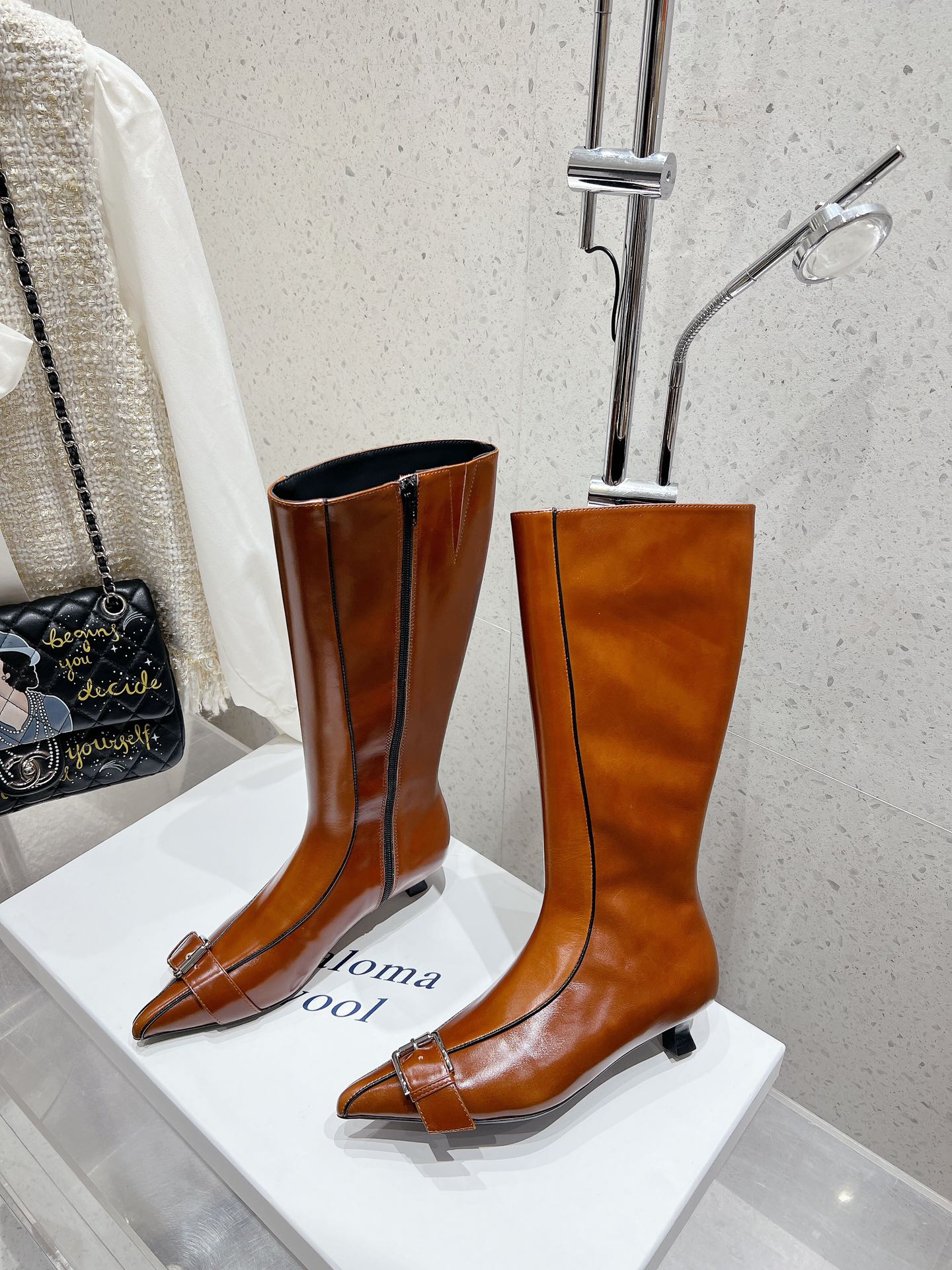 ALO 25S PALOMA WOOL HIGH BOOTS IN BROWN LAMBSKIN WITH METAL BUCKLE DETAIL AT THE TOE