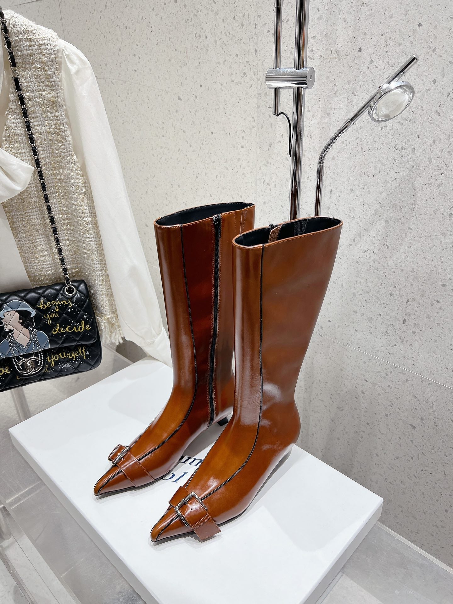 ALO 25S PALOMA WOOL HIGH BOOTS IN BROWN LAMBSKIN WITH METAL BUCKLE DETAIL AT THE TOE