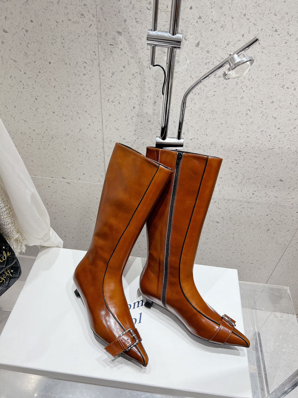 ALO 25S PALOMA WOOL HIGH BOOTS IN BROWN LAMBSKIN WITH METAL BUCKLE DETAIL AT THE TOE
