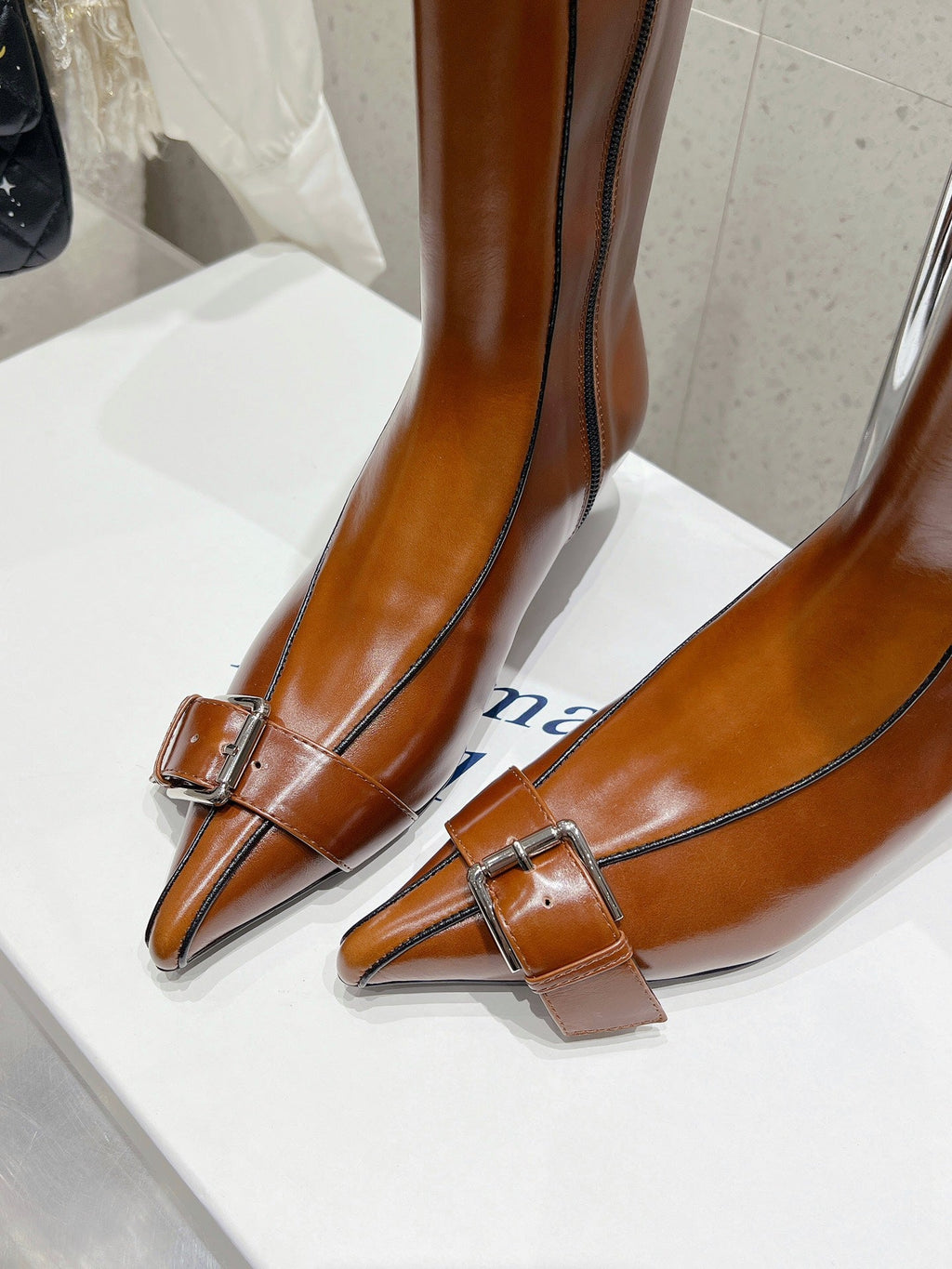 ALO 25S PALOMA WOOL HIGH BOOTS IN BROWN LAMBSKIN WITH METAL BUCKLE DETAIL AT THE TOE