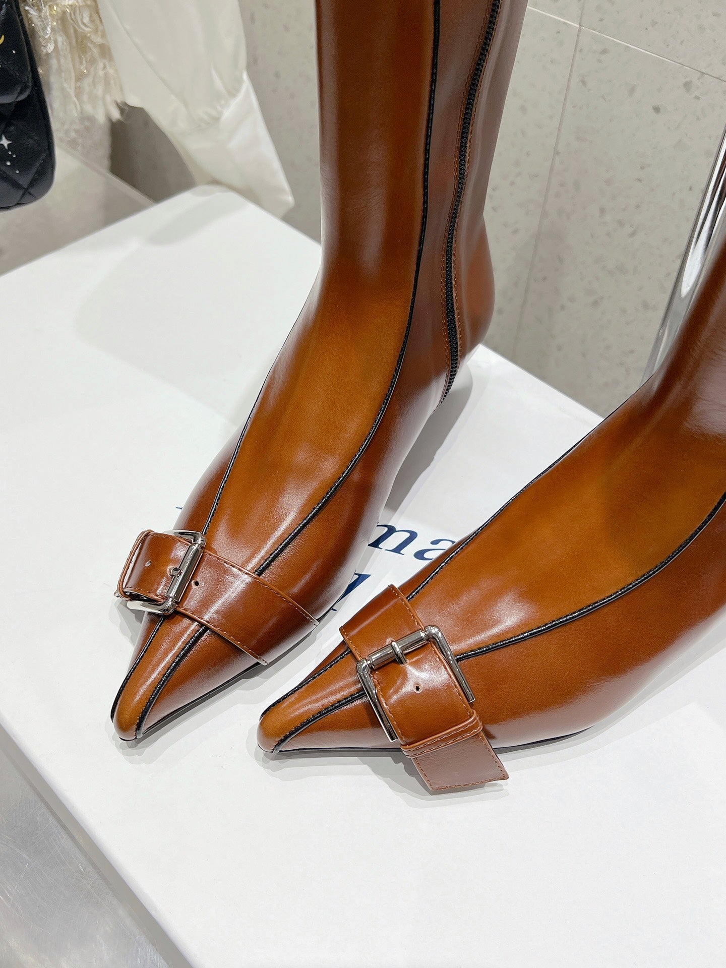 ALO 25S PALOMA WOOL HIGH BOOTS IN BROWN LAMBSKIN WITH METAL BUCKLE DETAIL AT THE TOE