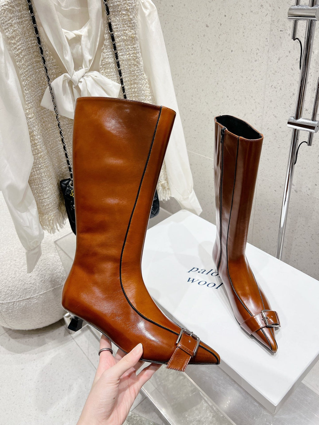 ALO 25S PALOMA WOOL HIGH BOOTS IN BROWN LAMBSKIN WITH METAL BUCKLE DETAIL AT THE TOE