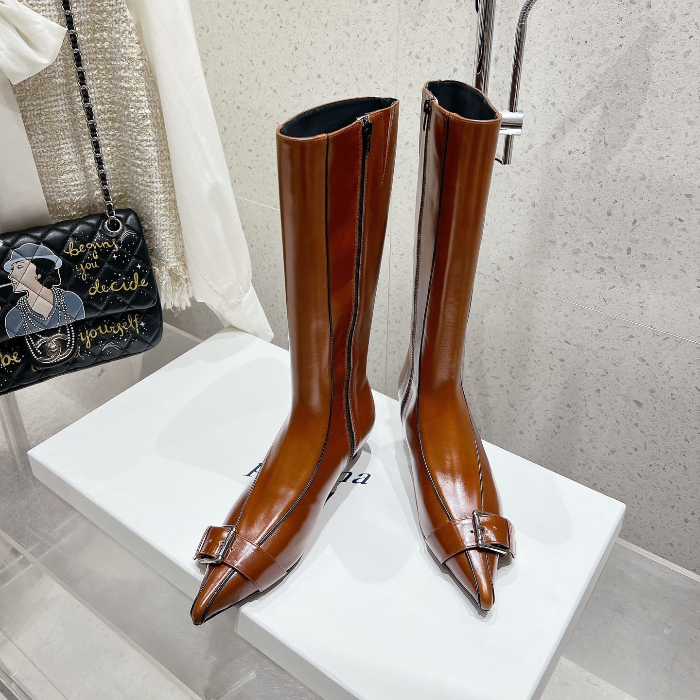 ALO 25S PALOMA WOOL HIGH BOOTS IN BROWN LAMBSKIN WITH METAL BUCKLE DETAIL AT THE TOE