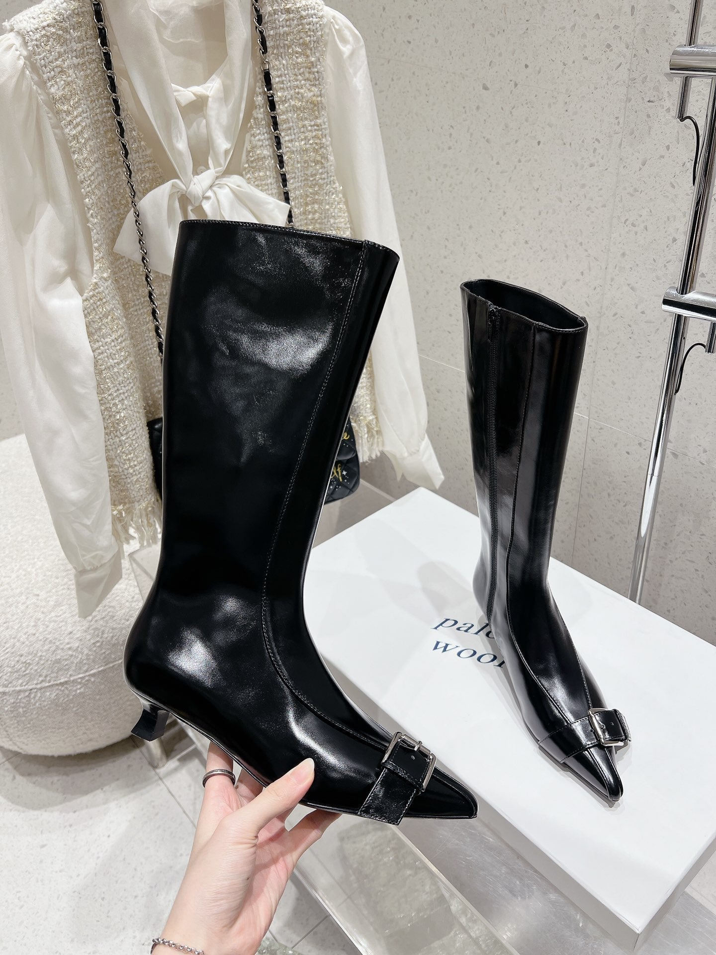 ALO 25S PALOMA WOOL HIGH BOOTS IN BLACK LAMBSKIN WITH METAL BUCKLE DETAIL AT THE TOE