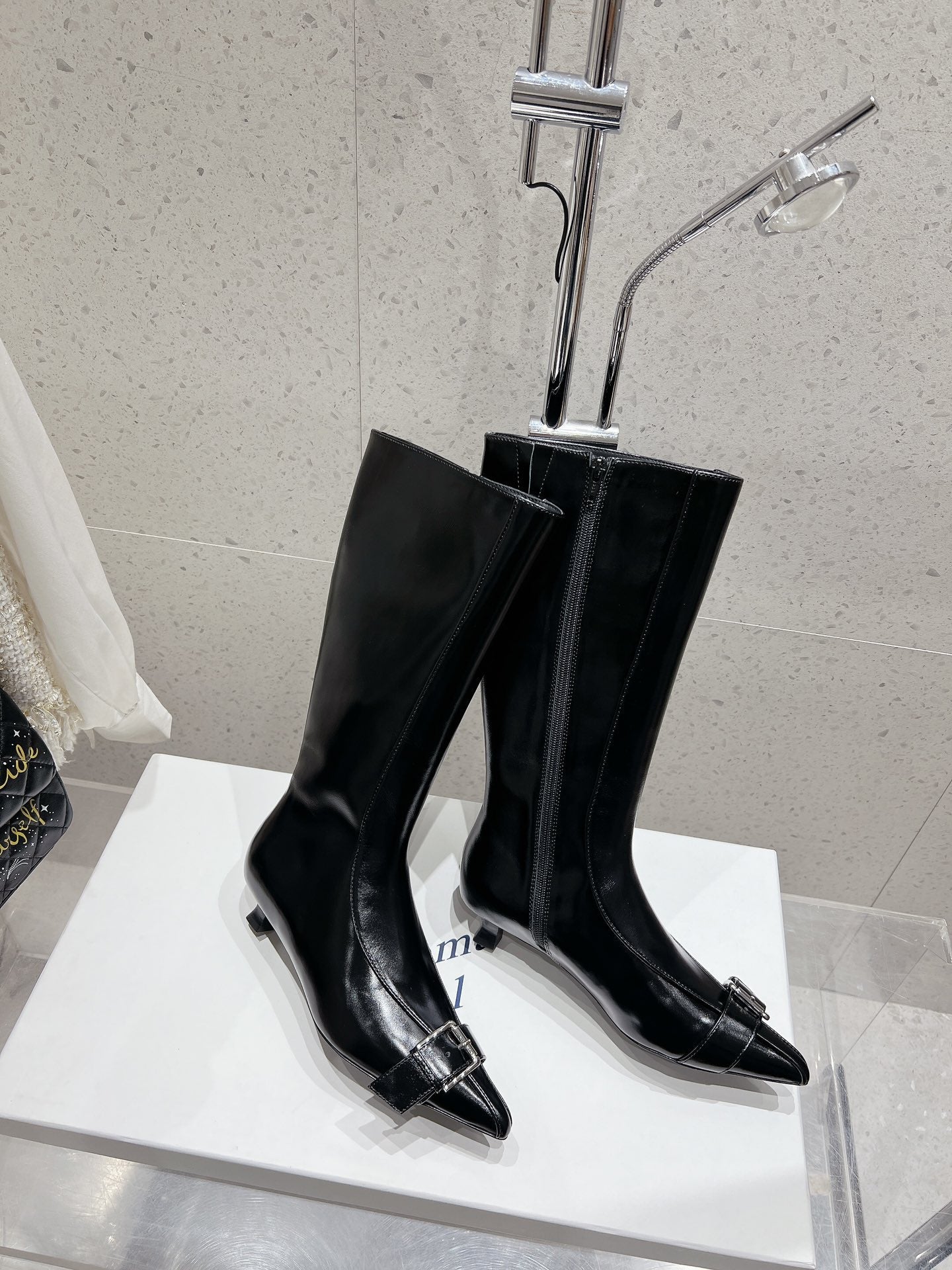 ALO 25S PALOMA WOOL HIGH BOOTS IN BLACK LAMBSKIN WITH METAL BUCKLE DETAIL AT THE TOE