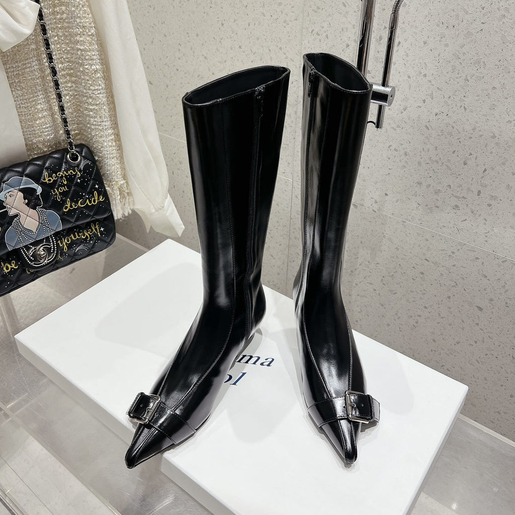 ALO 25S PALOMA WOOL HIGH BOOTS IN BLACK LAMBSKIN WITH METAL BUCKLE DETAIL AT THE TOE