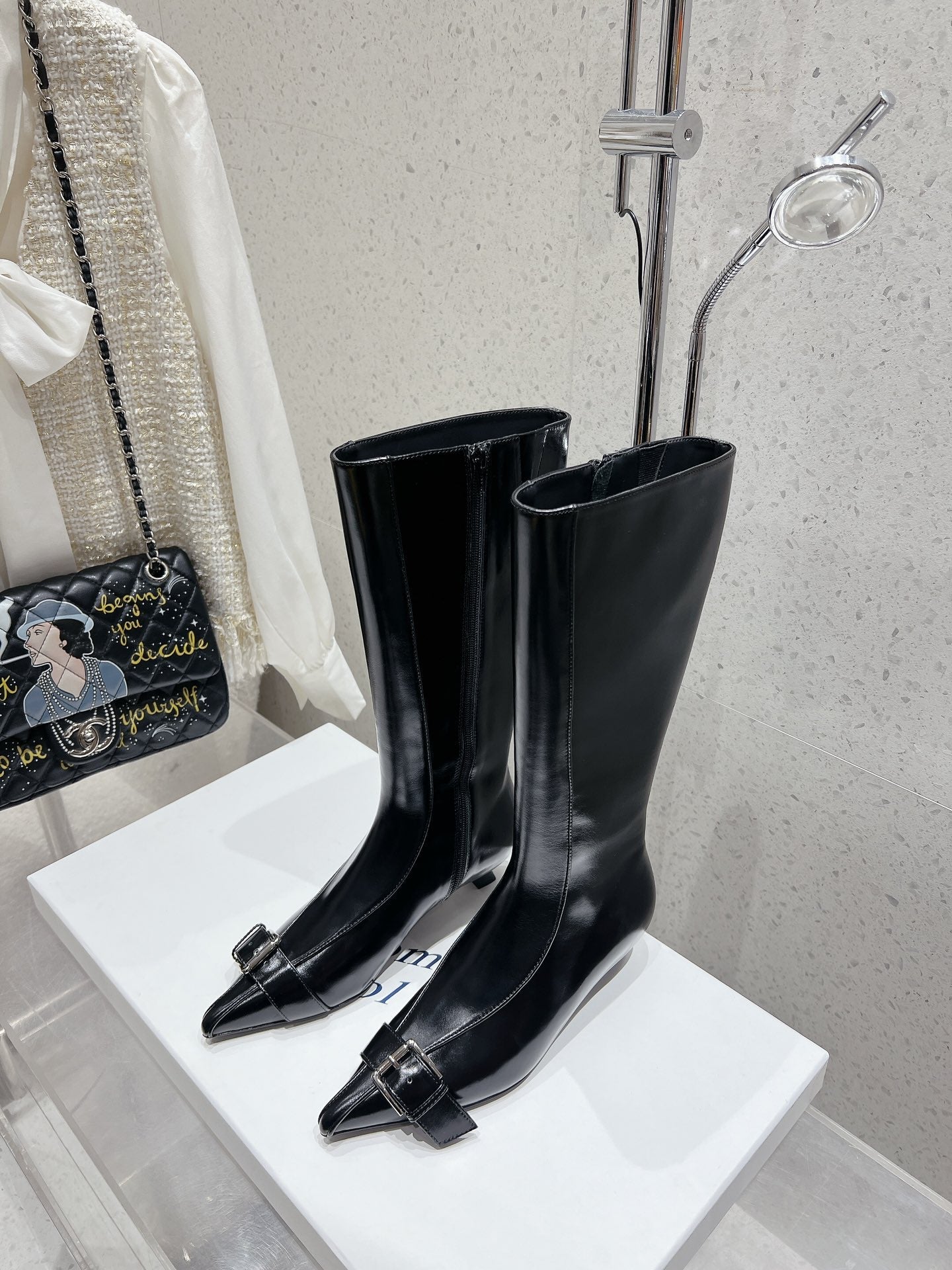ALO 25S PALOMA WOOL HIGH BOOTS IN BLACK LAMBSKIN WITH METAL BUCKLE DETAIL AT THE TOE