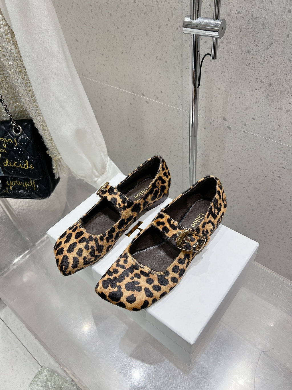 CHLOÉ 26S MARY JANE FLATS IN LEOPARD PRINT PONY HAIR