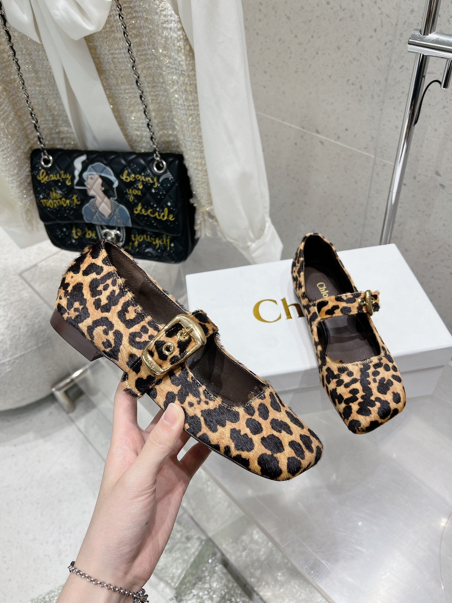 CHLOÉ 26S MARY JANE FLATS IN LEOPARD PRINT PONY HAIR