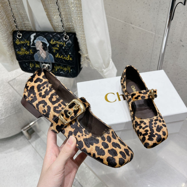 CHLOÉ 26S MARY JANE FLATS IN LEOPARD PRINT PONY HAIR