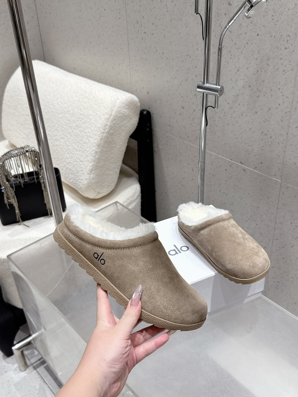 ALO 25S BIRKENSTOCK CLOGS IN GREY SUEDE AND WHITE WOOL