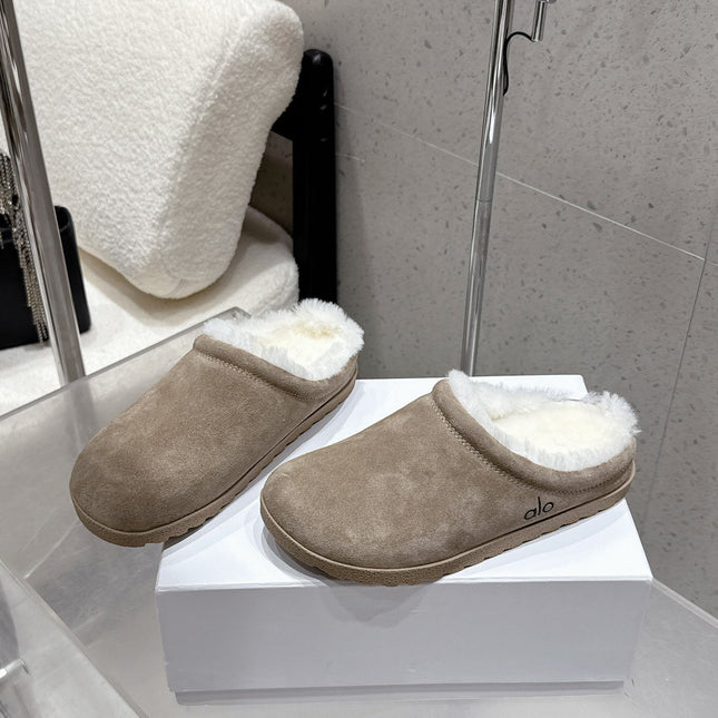 ALO 25S BIRKENSTOCK CLOGS IN GREY SUEDE AND WHITE WOOL