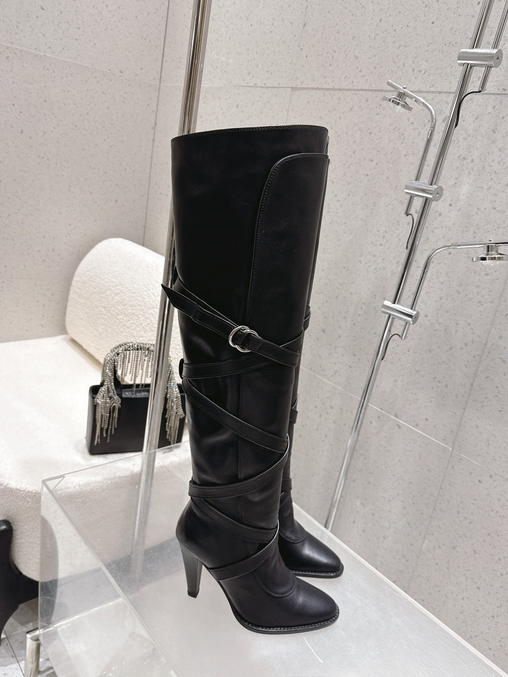 YSL 26S JANIS KNEE-HIGH BOOTS 90 MM IN BLACK SUEDE