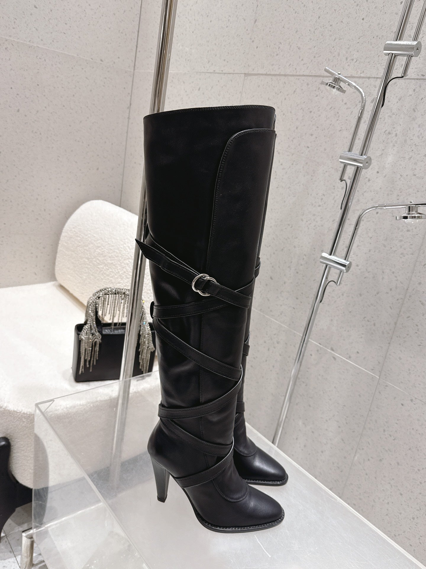 YSL 26S JANIS KNEE-HIGH BOOTS 90 MM IN BLACK SUEDE