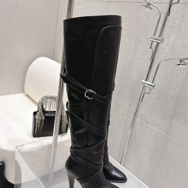 YSL 26S JANIS KNEE-HIGH BOOTS 90 MM IN BLACK SUEDE