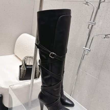 YSL 26S JANIS KNEE-HIGH BOOTS 90 MM IN BLACK SUEDE