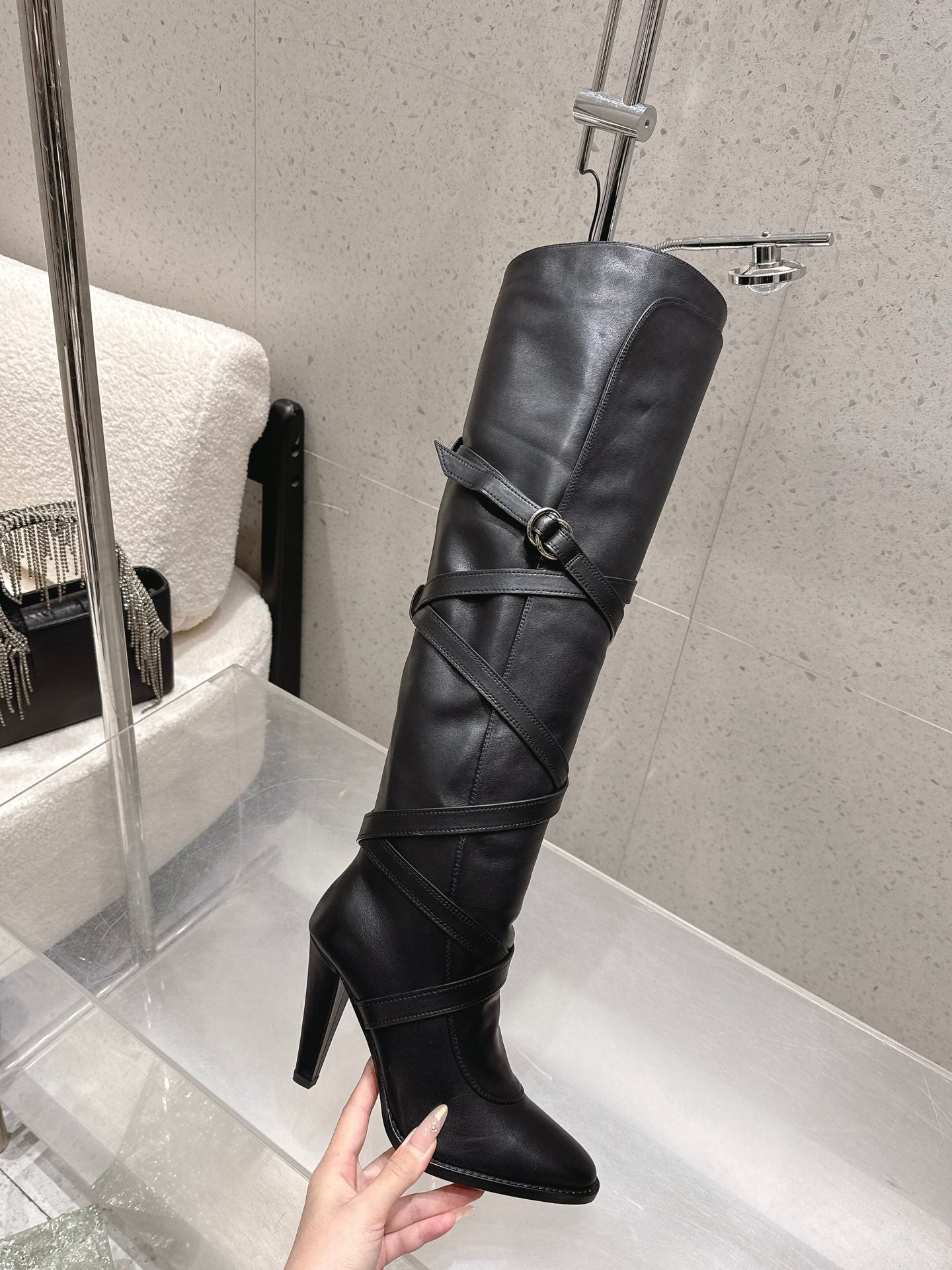 YSL 26S JANIS KNEE-HIGH BOOTS 90 MM IN BLACK SUEDE