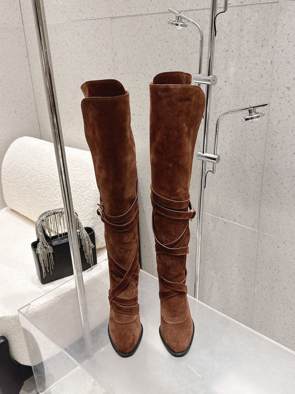 YSL 26S JANIS KNEE-HIGH BOOTS 90 MM IN BROWN SUEDE