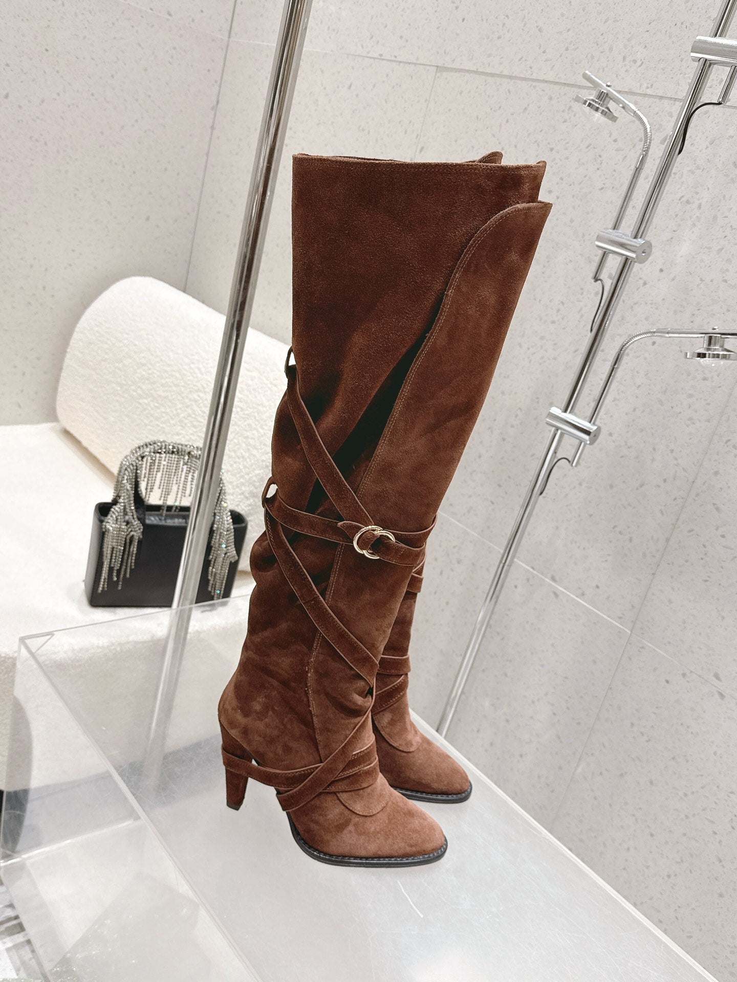 YSL 26S JANIS KNEE-HIGH BOOTS 90 MM IN BROWN SUEDE