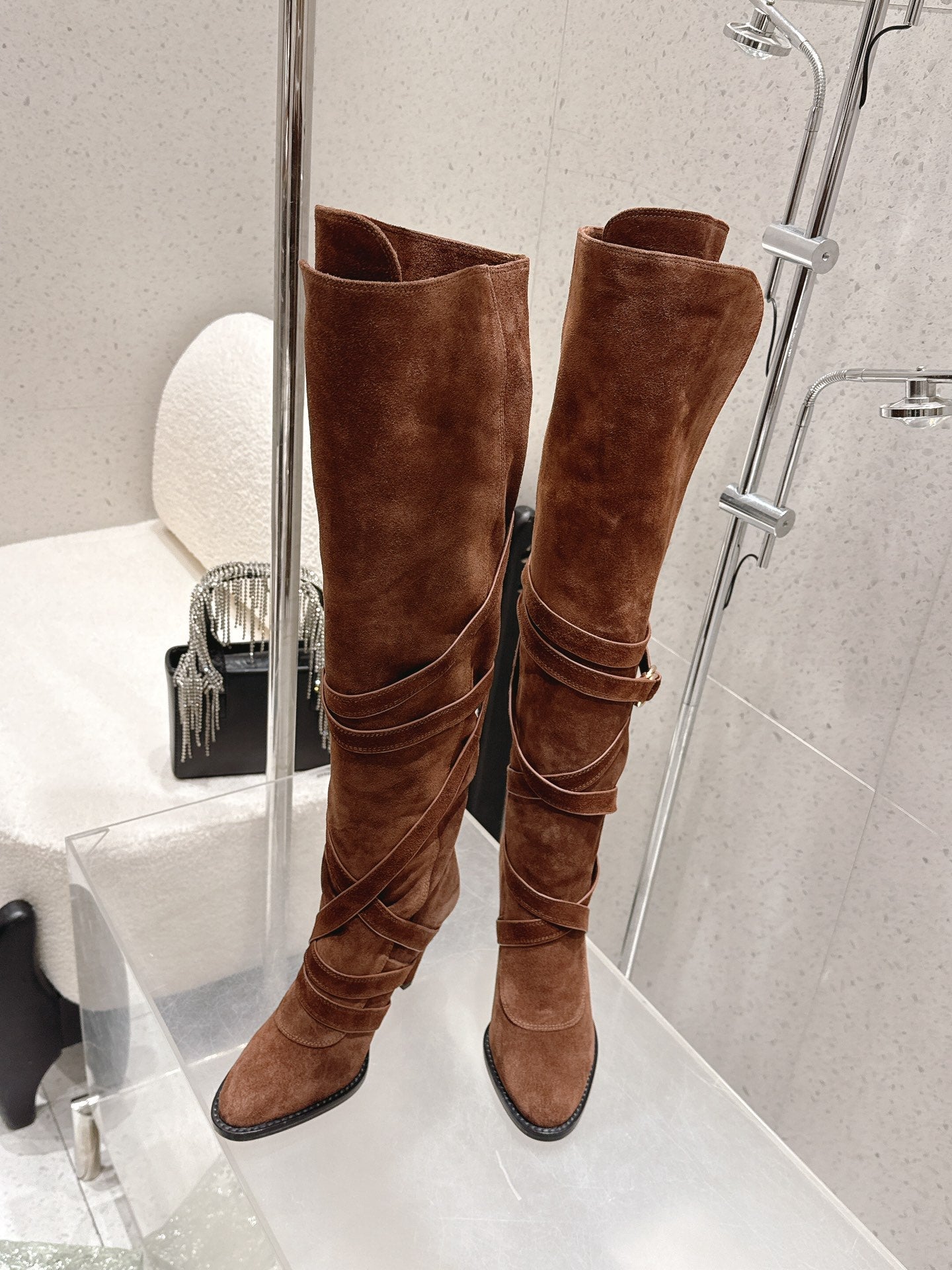 YSL 26S JANIS KNEE-HIGH BOOTS 90 MM IN BROWN SUEDE